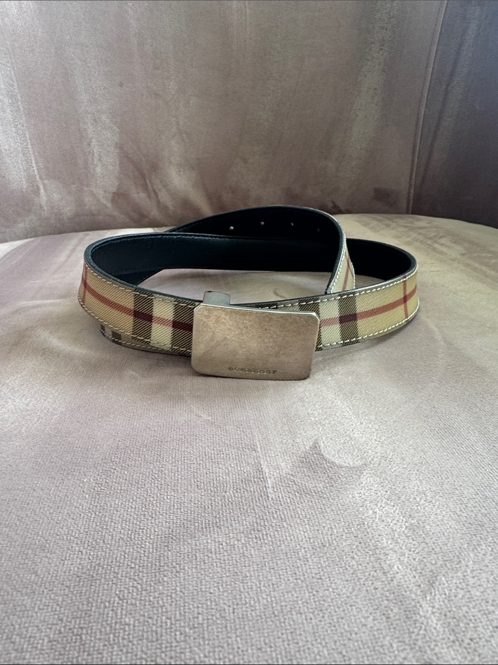 Burberry Tan Beige Plaid Women's Belt with Silver Buckle.